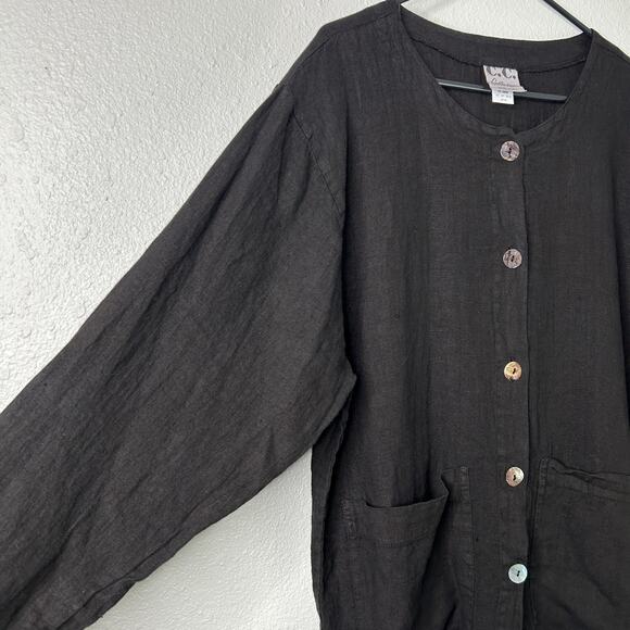 C.C. Collection Linen Button Up Shirt Jacket Black Long Sleeve Pockets Size L - Picture 6 of 7